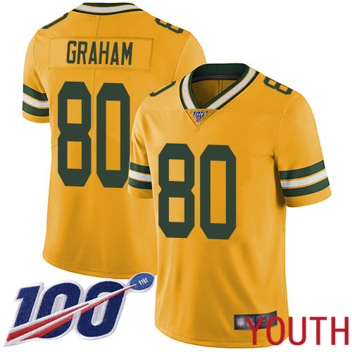 Green Bay Packers Limited Gold Youth #80 Graham Jimmy Jersey Nike NFL 100th Season Rush Vapor Untouchable->youth nfl jersey->Youth Jersey